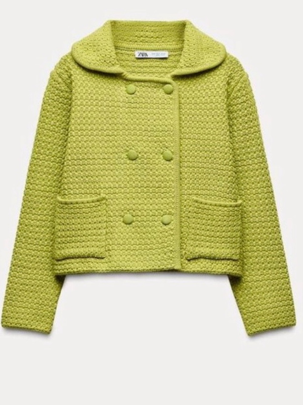 Zara Chunky Knit Cardigan With Peter Pan Collar in Lime Green - Picture 6 of 10